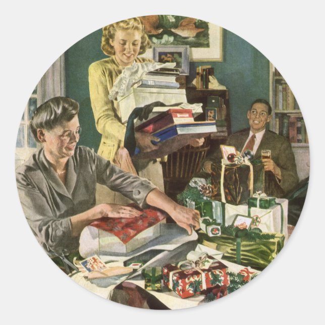 Sticker Rond Noël Vintage, Joyeux Cadeaux d'Enveloppement Famil (Devant)