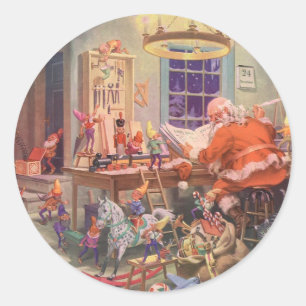 Sticker Rond Noël vintage, le Père Noël avec l'atelier des luti