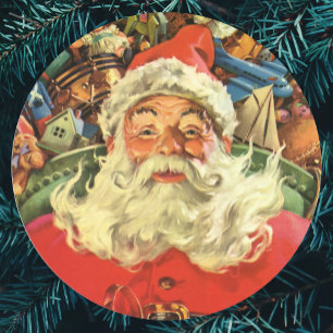 Sticker Rond Noël vintage, le Père Noël en traîneau avec des jo