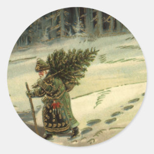 Sticker Rond Noël vintage, le Père Noël portant un arbre