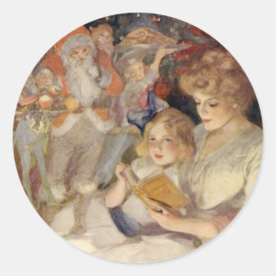 Sticker Rond Noël vintage, mère lisant un conte de bonne nuit