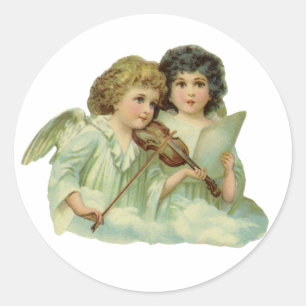Sticker Rond Noël vintage, musique d'anges victoriens au violon