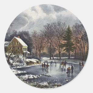 Sticker Rond Noël vintage, Patineurs de début d'hiver sur un ét