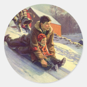 Sticker Rond Noël vintage, père et fille faisant de la luge