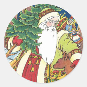 Sticker Rond Noël vintage, Père Noël Cerf dans la forêt