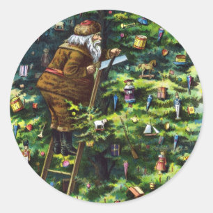 Sticker Rond Noël vintage, Père Noël victorien avec arbre