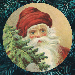 Sticker Rond Noël vintage, Père Noël victorien avec arbre