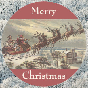 Sticker Rond Noël vintage, Père Noël victorien dans un traîneau