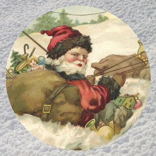 Sticker Rond Noël vintage, Père Noël victorien dans un traîneau