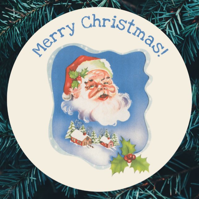 Sticker Rond Noël Vintage, Retro Jolly Santa Claus (Créateur téléchargé)