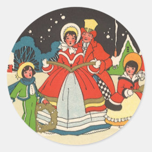 Sticker Rond Noël vintage, une famille chantant des chants de N