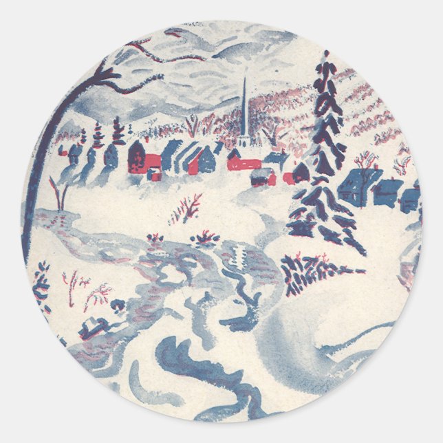 Sticker Rond Noël Vintage, Village d'hiver Neige (Devant)