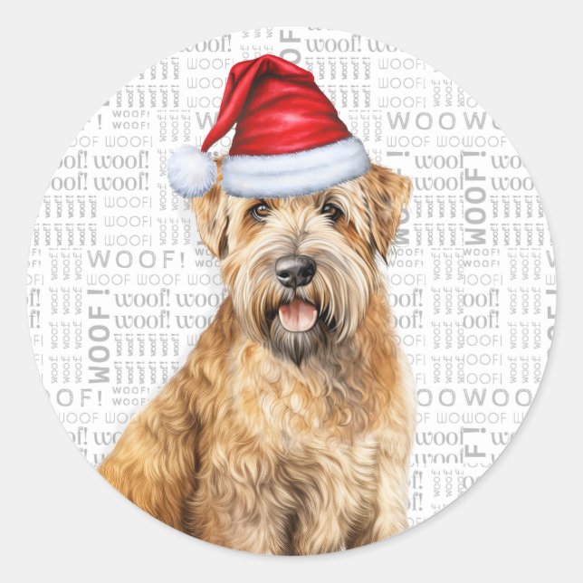 Sticker Rond Noël Wheaten Terrie Chien à Santa Hat Vacances (Devant)