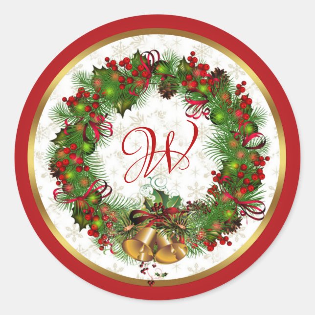 Sticker Rond Noël Wreath Bells Holly Pine Monogramme (Devant)