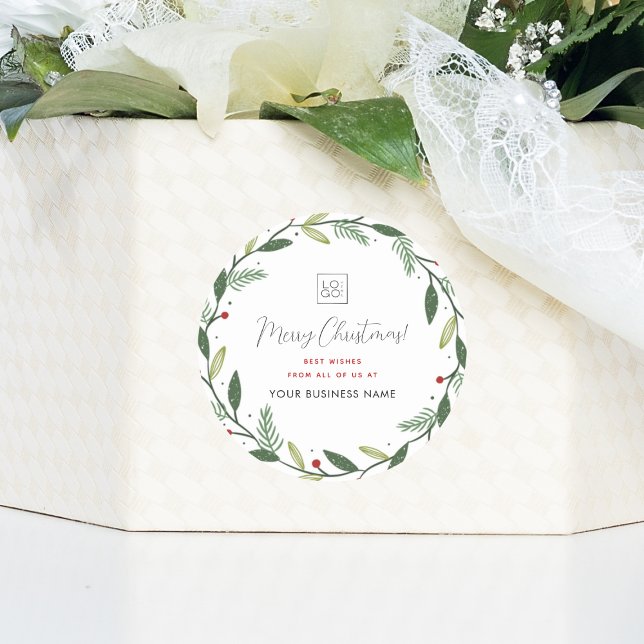 Sticker Rond Noël Wreath Business Ajouter un logo personnalisé (Créateur téléchargé)