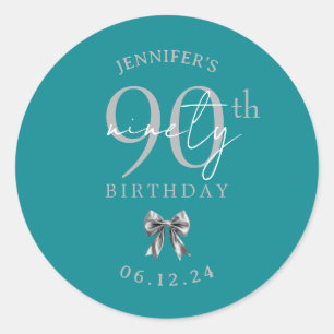 Sticker Rond Nœud Coquette Argent Turquoise Fête des 90 ans