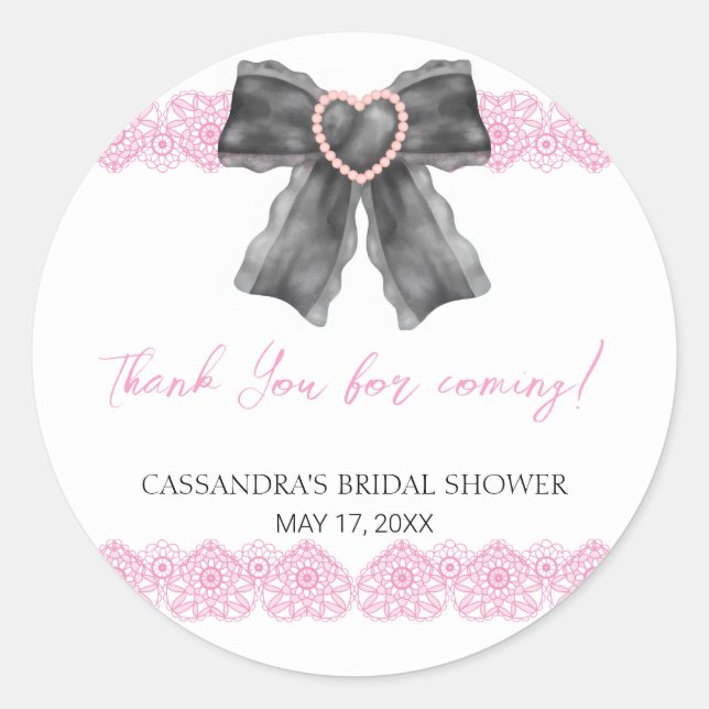 Sticker Rond Nœud Coquette Noir Ruban Dentelle Rose Remerciemen (Devant)
