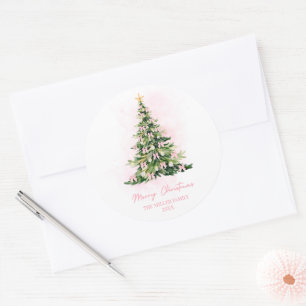 Sticker Rond Nœud Coquette Rose Arbre de Noël Joyeux Noël