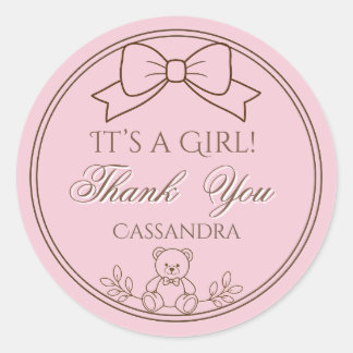 Sticker Rond Nœud de Teddy Bear Personnalisé Rose C'est une fil