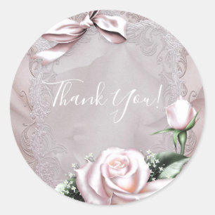 Sticker Rond Nœud en Satin Rose Pâle & Rose, Cadeau de Mariage