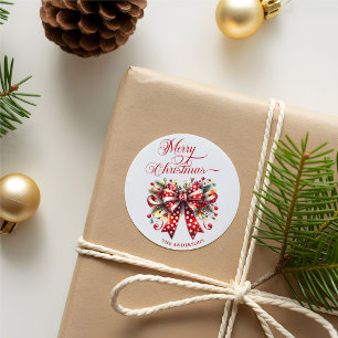 Sticker Rond Nœud festif de Noël, typographie Joyeux Noël