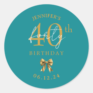 Sticker Rond Nœud Papillon Coquette Or 40e Anniversaire Turquoi