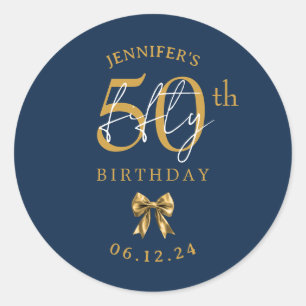 Sticker Rond Nœud Papillon Coquette Or Fête des 50 ans Bleu Nui