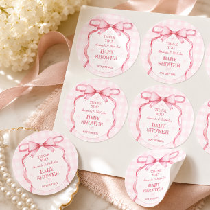 Sticker Rond Nœud papillon rose aquarelle vintage Gingham Merci