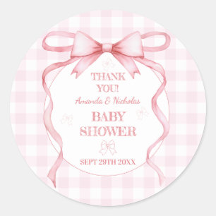 Sticker Rond Nœud papillon rose aquarelle vintage Gingham Merci