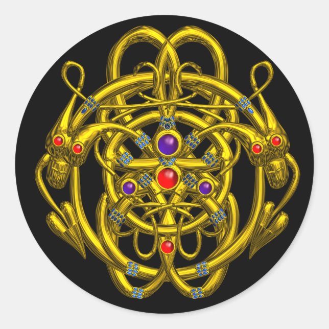 STICKER ROND NOEUDS CELTIQUES D'OR AVEC DRAGONS DOUCES (Devant)