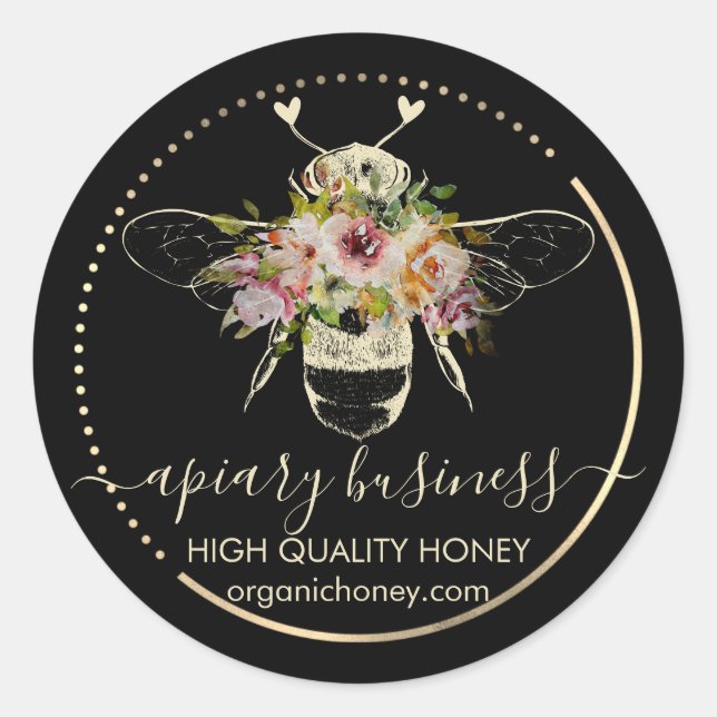 Sticker Rond Noir Apiary Honey Coeurs d'abeilles (Devant)