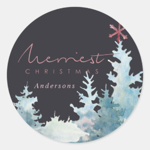 STICKER ROND NOIR AQUA ROSE NEIGE PINE ARBRE NOËL