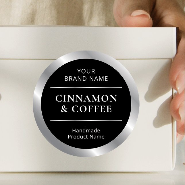 Sticker Rond Noir & Argent Nom de l'odeur du produit artisanal (Modern black and silver round product label with fully editable text)