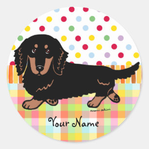 Sticker Rond Noir aux cheveux longs et Tan de teckel