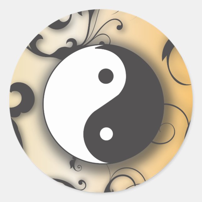 Sticker Rond Noir avec bronze Yin & Yang avec des parchemins (Devant)