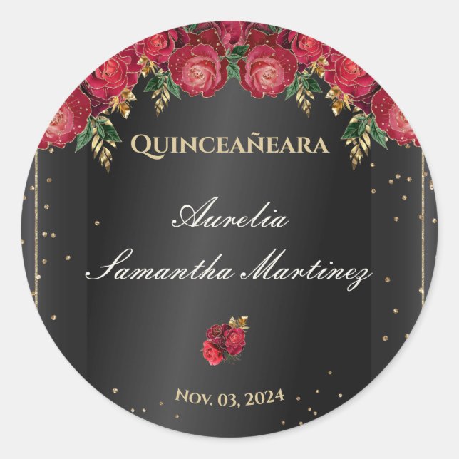 Sticker Rond Noir avec Roses Rouges Quinceañera Calcamonias (Devant)