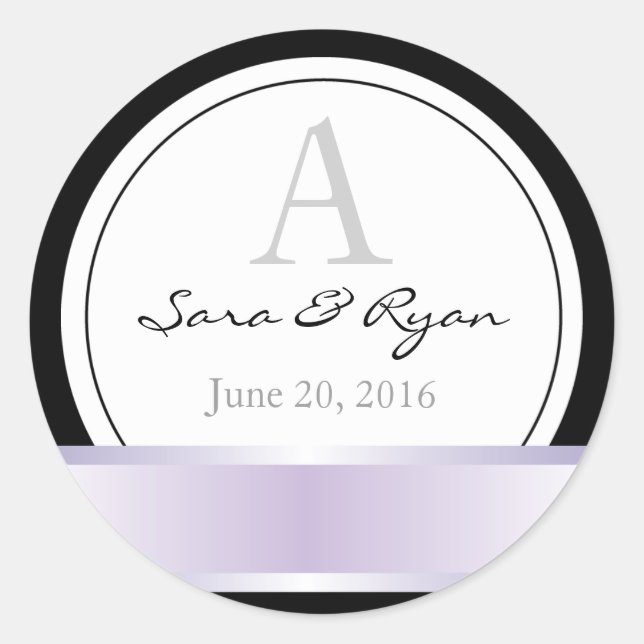 Sticker Rond Noir avec ruban violet & monogramme mariage bâton (Devant)