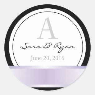 Sticker Rond Noir avec ruban violet & monogramme mariage bâton