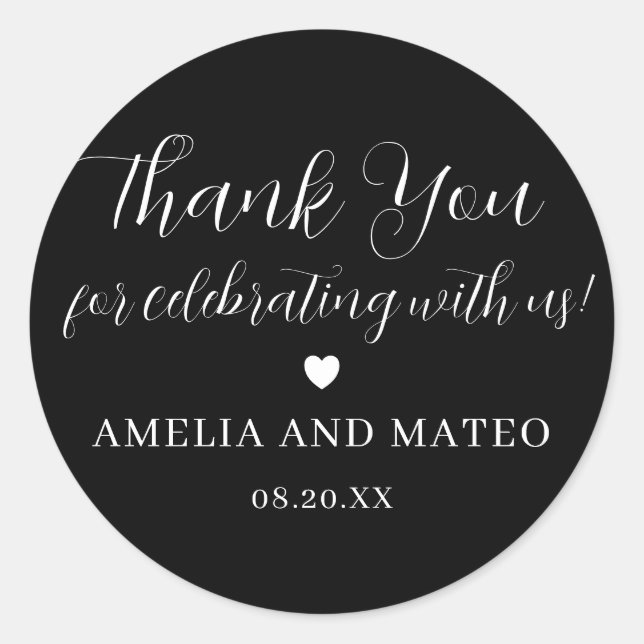 Sticker Rond Noir Blanc Calligraphie Mariage Merci Favoriser (Devant)