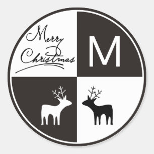 Sticker Rond Noir blanc cerf Joyeux monogramme de Noël moderne