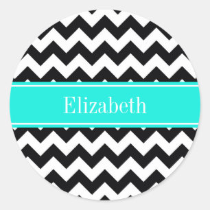Sticker Rond Noir Blanc Chevron Zig Zag Brt Aqua Nom Monogramme