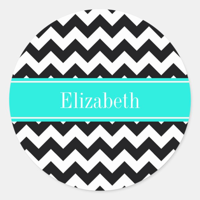 Sticker Rond Noir Blanc Chevron Zig Zag Brt Aqua Nom Monogramme (Devant)