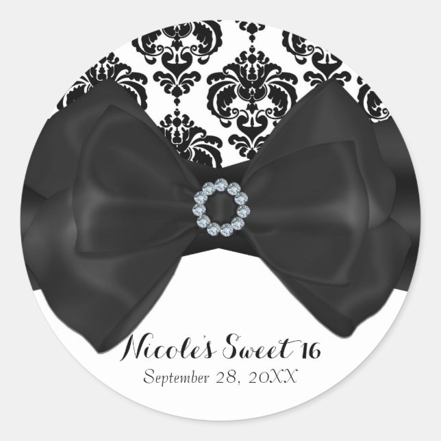 Sticker Rond Noir & blanc Damask Boule de boule Glam Sweet 16 P (Devant)
