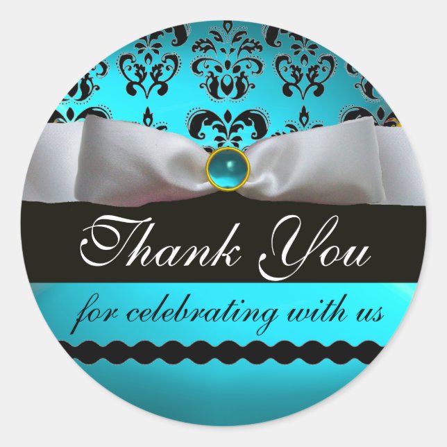 Sticker Rond NOIR & BLANC DAMASK RIBBON BLUE GEM Merci (Devant)