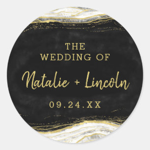 Sticker Rond Noir Blanc et or Géode Agate Monogramme Mariage