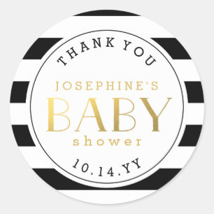 Sticker Rond Noir Blanc Faux Or Baby shower  Merci