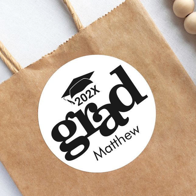 Sticker Rond Noir Blanc Graduation Gras Typographie moderne (Créateur téléchargé)