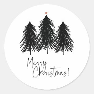 Sticker Rond Noir Blanc Joyeux Arbres de Noël Fêtes