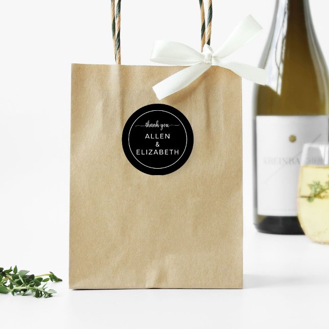 Sticker Rond Noir Blanc Moderne Carte de remerciements Mariage  (Créateur téléchargé)