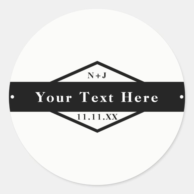 Sticker Rond Noir & Blanc Moderne Rustique Personnalisé Mariage (Devant)